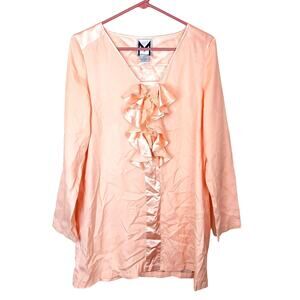 Marc Bouwer Vintage Light Peach Pink Small Polyester Frill Satin Tunic Blouse